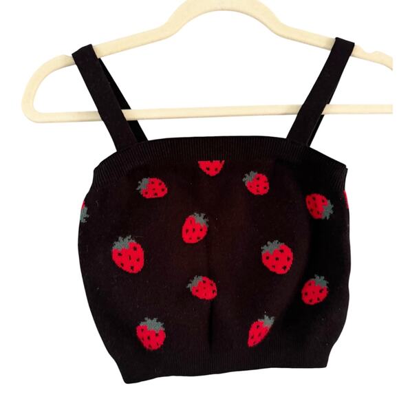 Forever 21 Tops - Forever 21 Strawberry Print Knit Crop Top Black Tank Size Medium